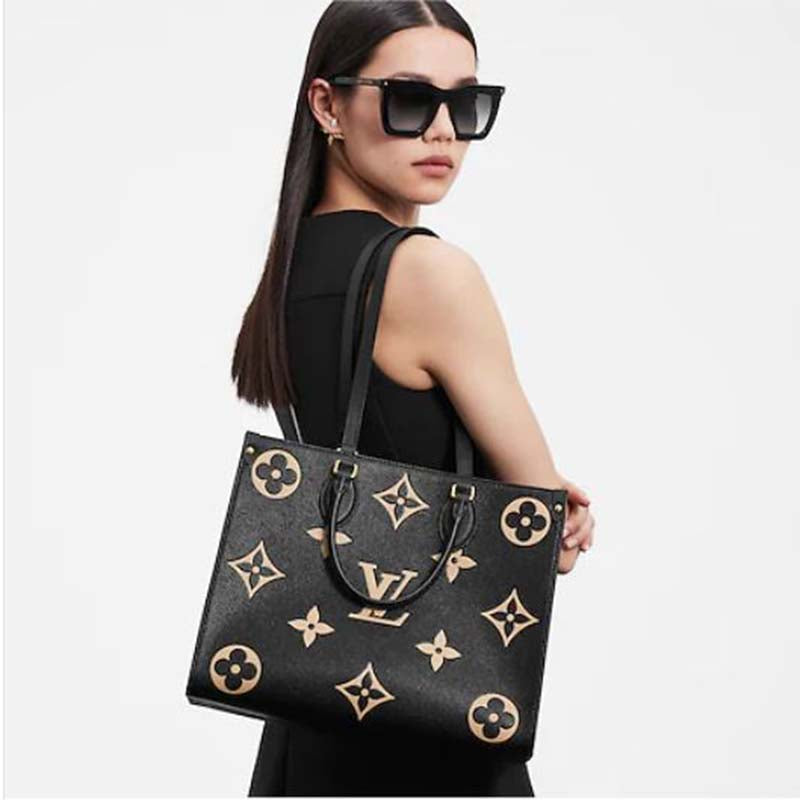 Louis Vuitton LV Women OnTheGo MM Black Beige Embossed Grained Cowhide Leather Tote