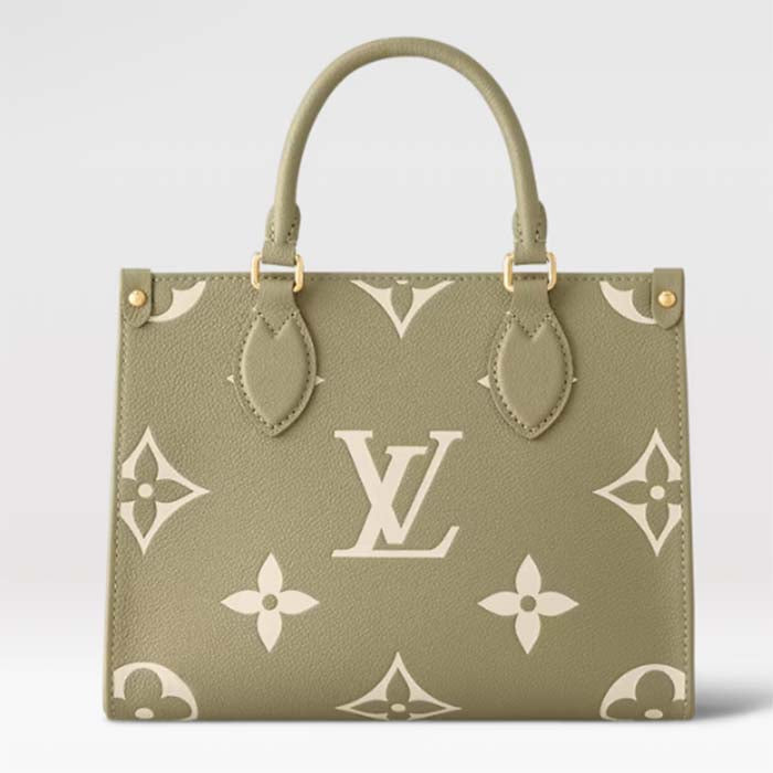 Louis Vuitton LV Women Onthego PM Light Khaki Cream Monogram Empreinte Embossed Grained Cowhide Leather Tote