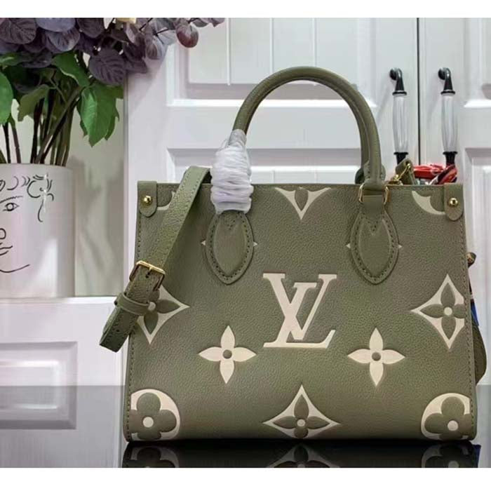 Louis Vuitton LV Women Onthego PM Light Khaki Cream Monogram Empreinte Embossed Grained Cowhide Leather Tote