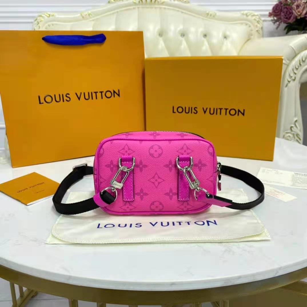 Louis Vuitton LV Women Outdoor Pouch Taigarama Pink Rose Coated Canvas Cowhide Leather Clutch