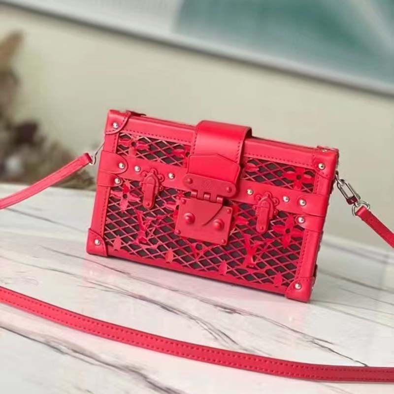 Louis Vuitton LV Women Petite Malle Handbag Red Patent Calfskin Cowhide Leather