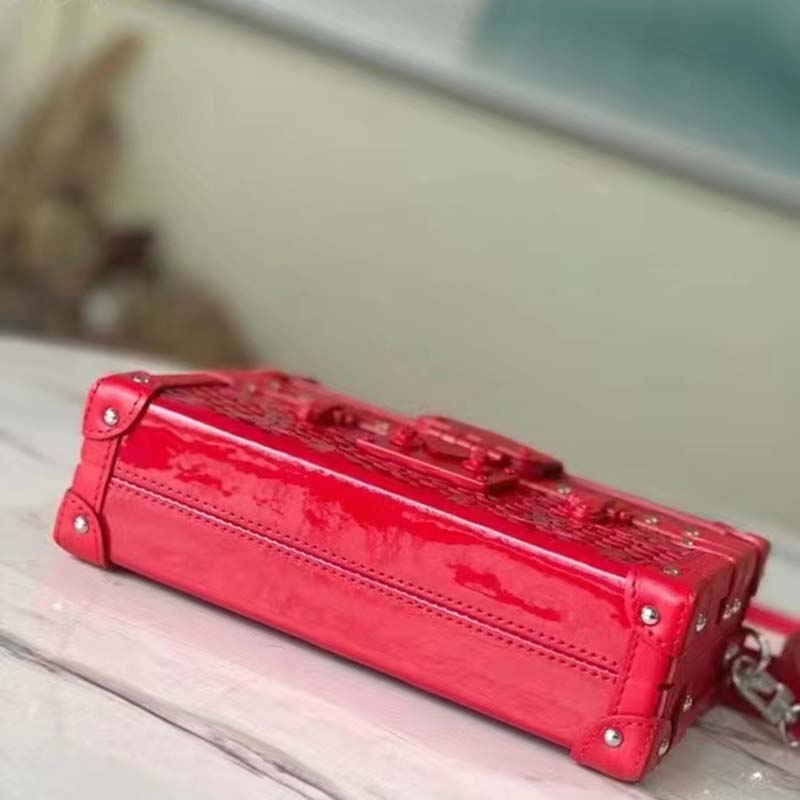 Louis Vuitton LV Women Petite Malle Handbag Red Patent Calfskin Cowhide Leather