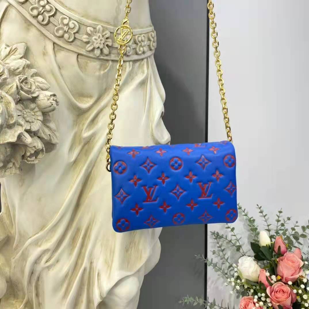 Louis Vuitton LV Women Pochette Coussin Blue Monogram Embossed Lambskin Clutch