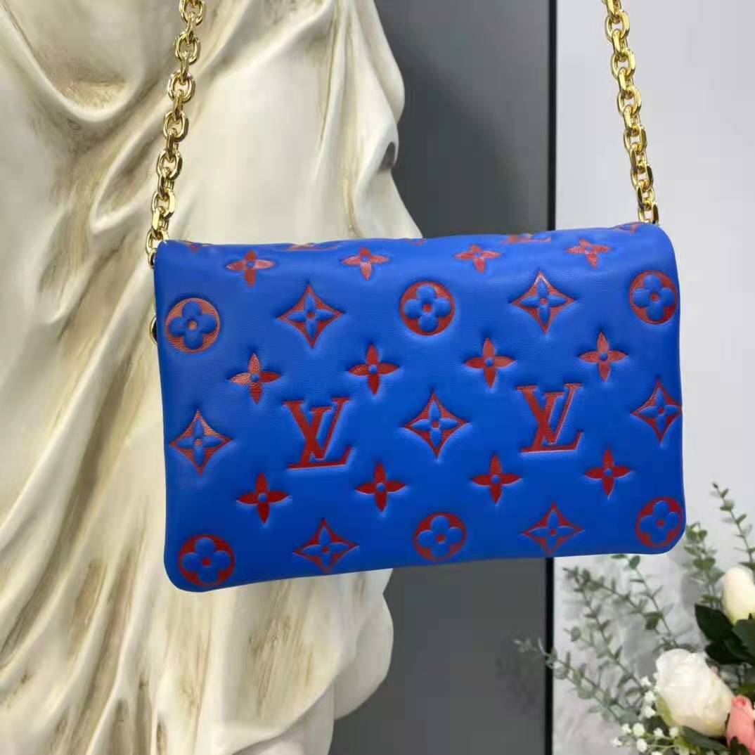 Louis Vuitton LV Women Pochette Coussin Blue Monogram Embossed Lambskin Clutch