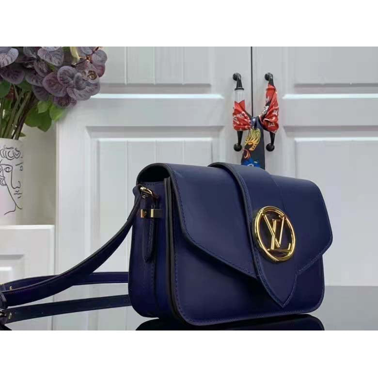 Louis Vuitton LV Women Pont 9 Soft MM Handbag Blue Grained Calfskin
