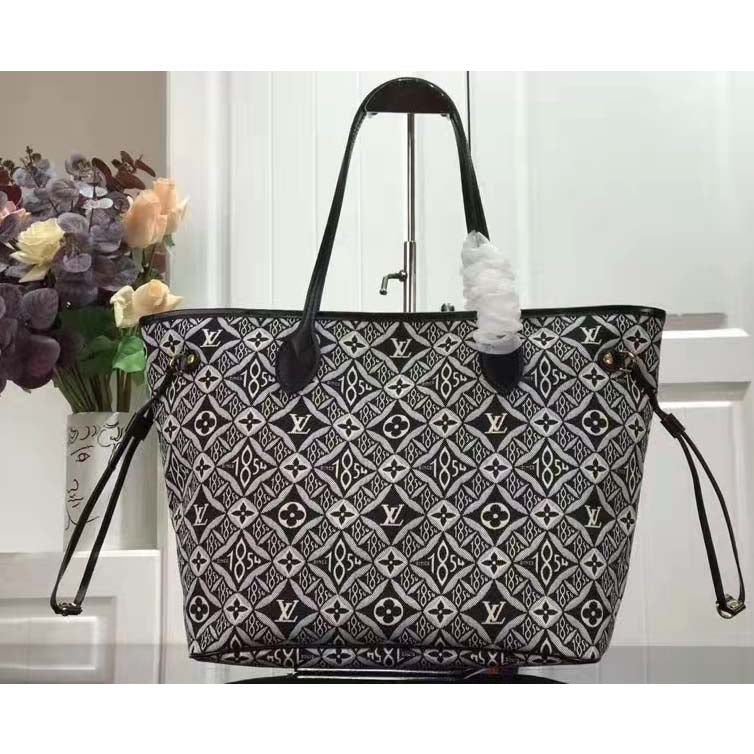 Louis Vuitton LV Women Since 1854 Neverfull MM Tote Black Monogram Flowers Canvas