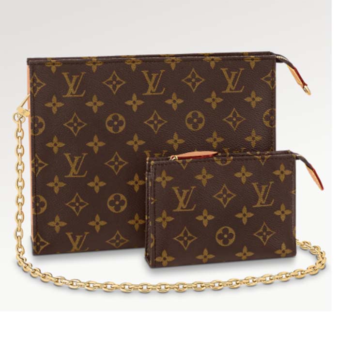 Louis Vuitton LV Women Toiletry Pouch On Chain Monogram Coated Canvas Cowhide Clutch