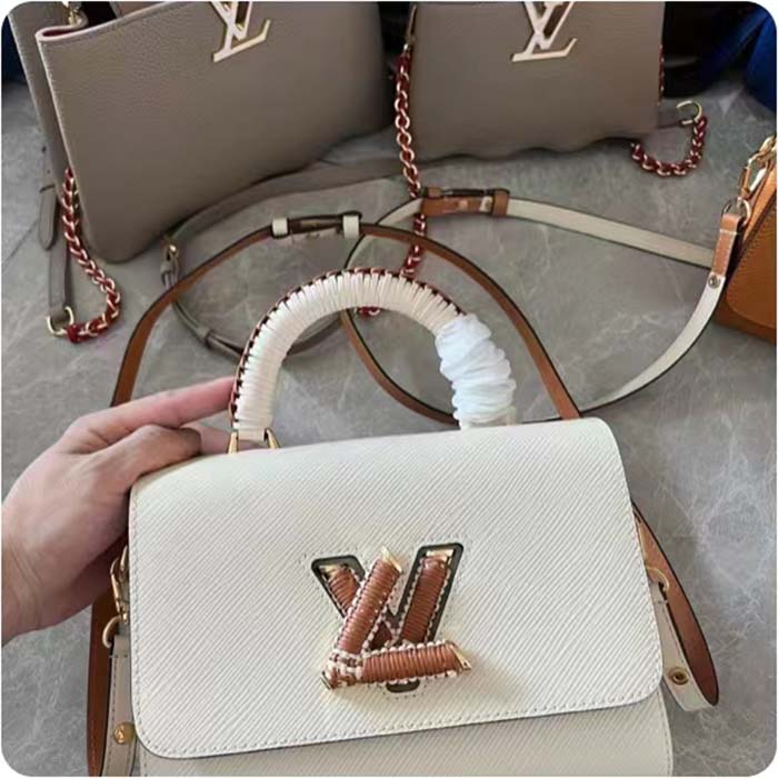 Louis Vuitton LV Women Twist MM Beige White Brown Grained Leather Cowhide Handbag