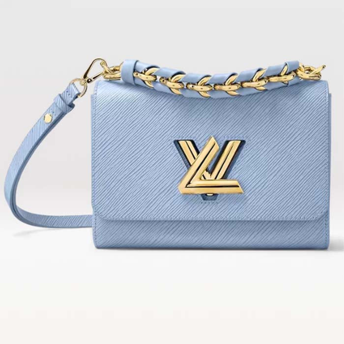 Louis Vuitton LV Women Twist MM Bleu Nuage Blue Epi Grained Smooth Cowhide Leather Handbag