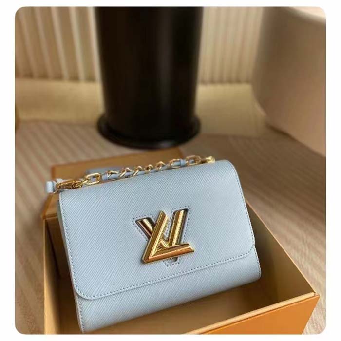 Louis Vuitton LV Women Twist MM Bleu Nuage Blue Epi Grained Smooth Cowhide Leather Handbag