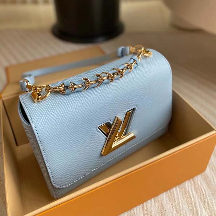 Louis Vuitton LV Women Twist MM Bleu Nuage Blue Epi Grained Smooth Cowhide Leather Handbag