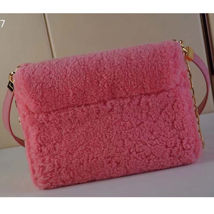 Louis Vuitton LV Women Twist MM Handbag Pink Shearling Smooth Calfskin Leather