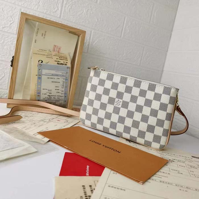 Louis Vuitton Unisex LV Double Zip Pochette Damier Azur Coated Canvas Cowhide Leather Clutch