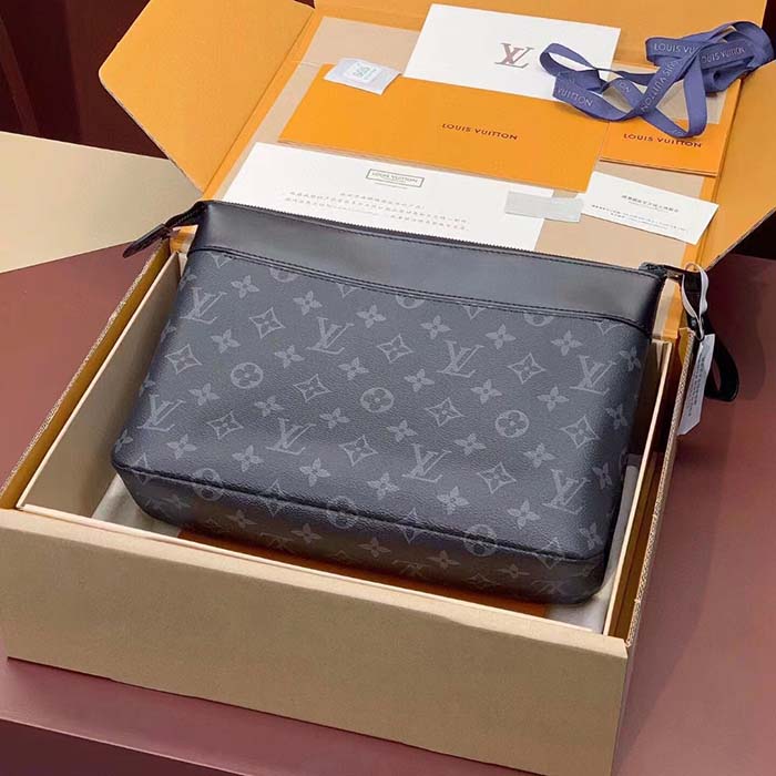 Louis Vuitton Unisex LV Pochette Voyage Souple Monogram Eclipse Coated Canvas Cowhide-Leather Clutch