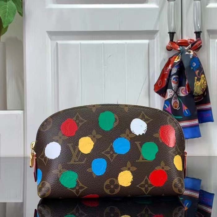 Louis Vuitton Unisex LV x YK Cosmetic Pouch Monogram Coated Canvas 3D Painted Dots Print Clutch