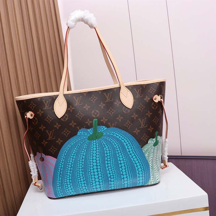 Louis Vuitton Unisex LV x YK Neverfull MM Monogram Coated Canvas Pumpkin Print Tote