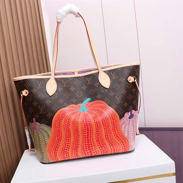 Louis Vuitton Unisex LV x YK Neverfull MM Monogram Coated Canvas Pumpkin Print Tote