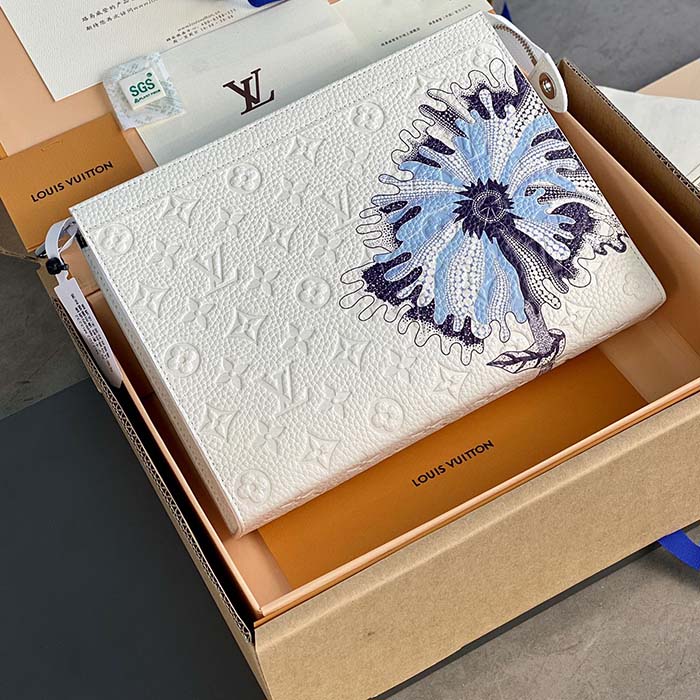 Louis Vuitton Unisex LV x YK Pochette Voyage White Taurillon Monogram Cowhide Psychedelic Flower Clutch