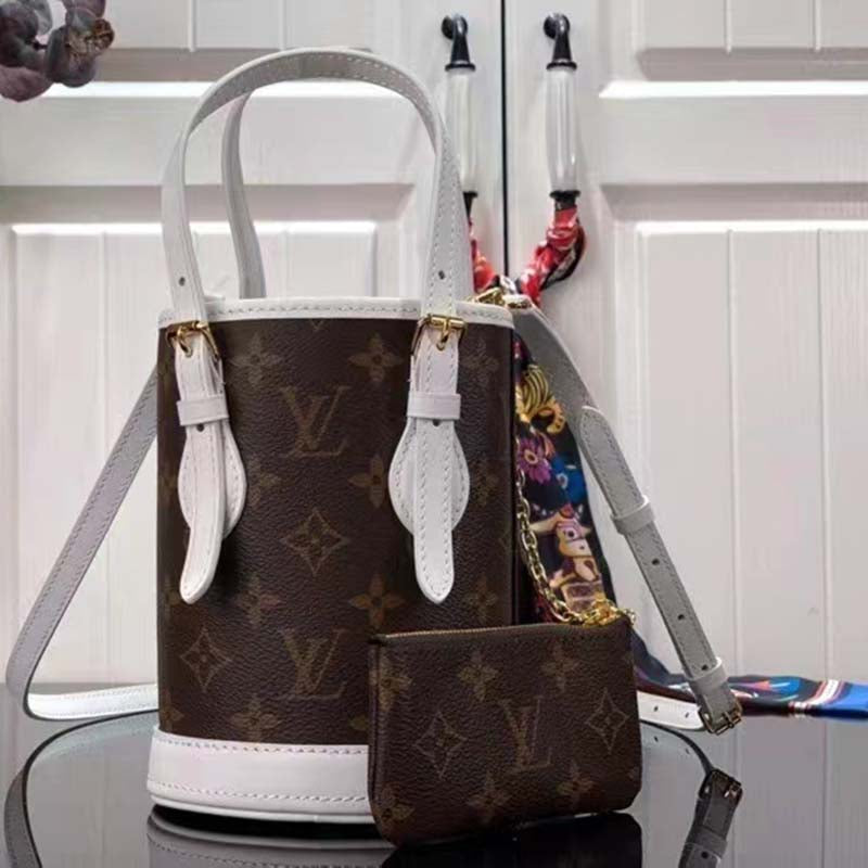 Louis Vuitton Unisex Nano Bucket Brown Monogram Coated Canvas Cowhide Leather Handbag