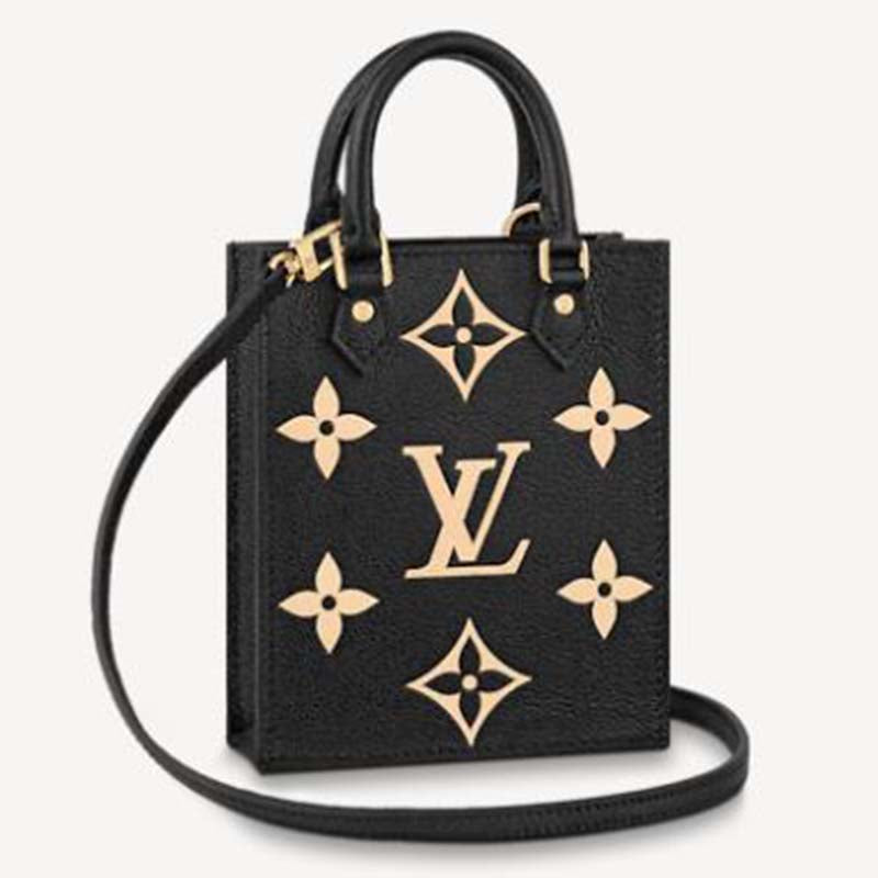 Louis Vuitton Unisex Petit Sac Plat Black Beige Monogram Empreinte Embossed Supple Grained Cowhide Handbag
