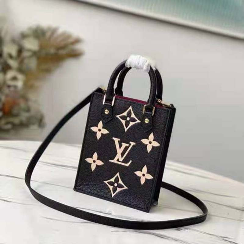 Louis Vuitton Unisex Petit Sac Plat Black Beige Monogram Empreinte Embossed Supple Grained Cowhide Handbag