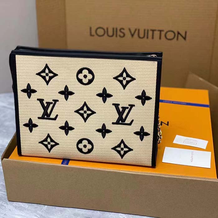 Louis Vuitton Unisex Toiletry Pouch On Chain Black Lotus Cotton Cowhide Leather Clutch
