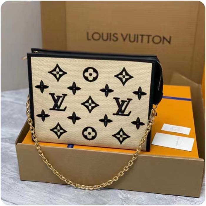 Louis Vuitton Unisex Toiletry Pouch On Chain Black Lotus Cotton Cowhide Leather Clutch