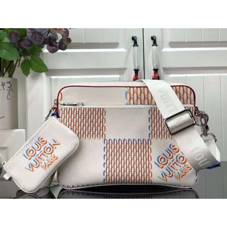 Louis Vuitton Unisex Trio Messenger White Damier Spray Cowhide Leather Handbag