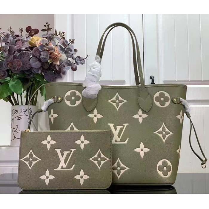 Louis Vuitton Women LV Neverfull MM Light Khaki Cream Monogram Empreinte Embossed Grained Cowhide Leather Tote