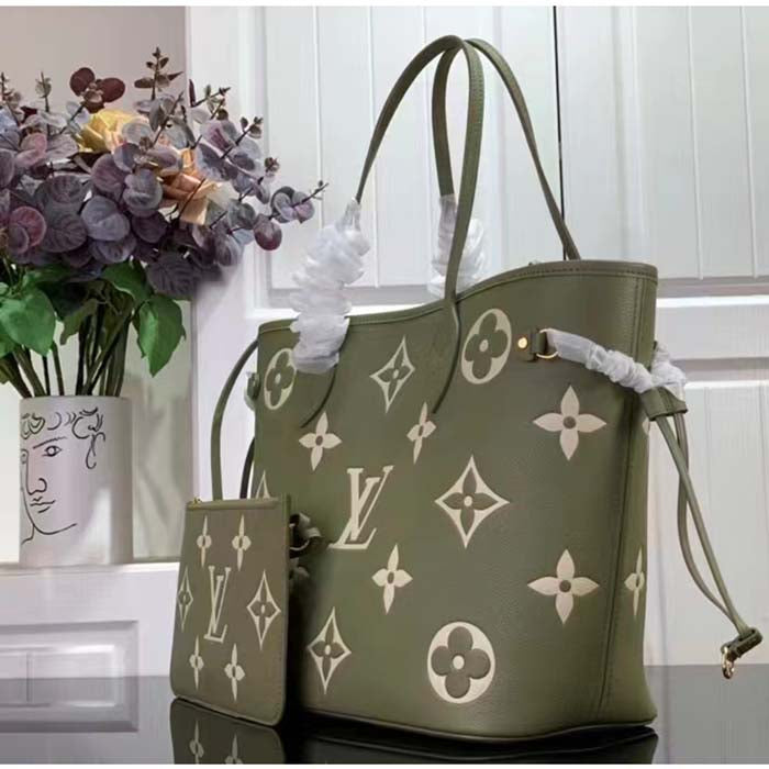 Louis Vuitton Women LV Neverfull MM Light Khaki Cream Monogram Empreinte Embossed Grained Cowhide Leather Tote