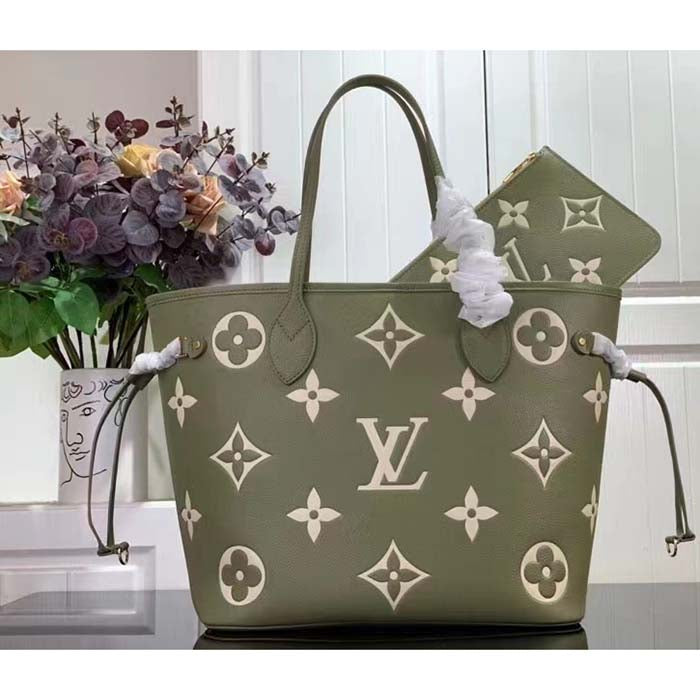 Louis Vuitton Women LV Neverfull MM Light Khaki Cream Monogram Empreinte Embossed Grained Cowhide Leather Tote