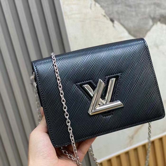 Louis Vuitton Women LV Twist Belt Chain Pouch Black Silver Epi Grained Cowhide Leather Clutch