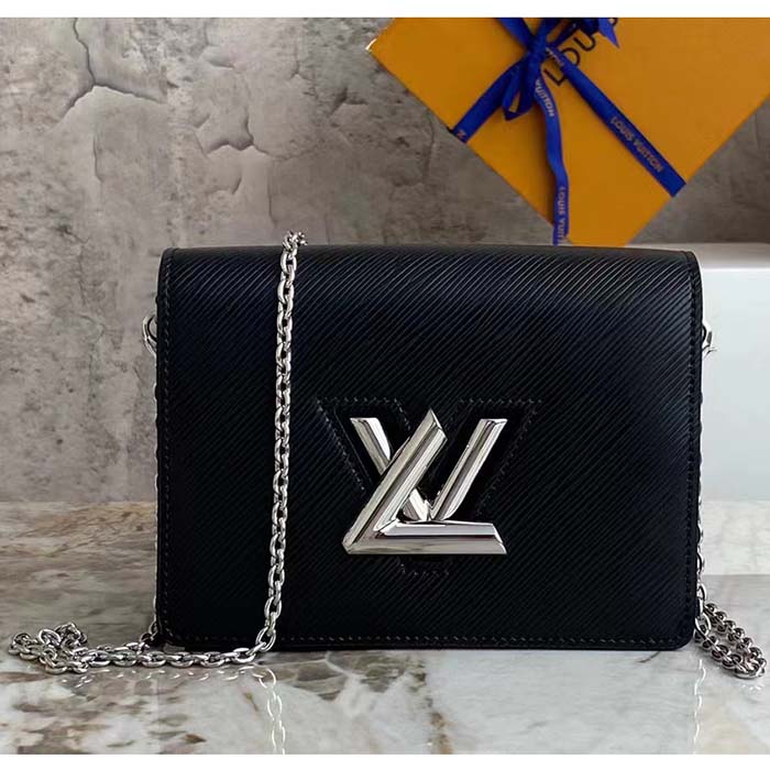 Louis Vuitton Women LV Twist Belt Chain Pouch Black Silver Epi Grained Cowhide Leather Clutch