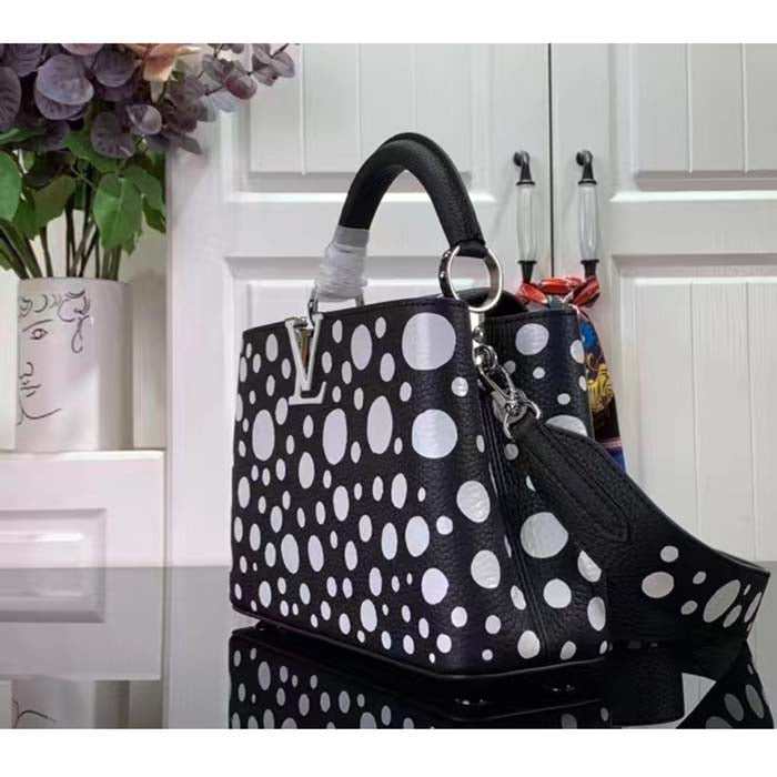 Louis Vuitton Women LV x YK Capucines BB Black White Taurillon Bull Calf Leather Infinity Dots Print Handbag