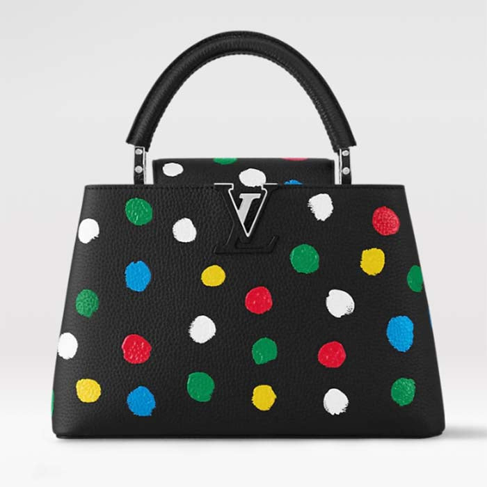 Louis Vuitton Women LV x YK Capucines MM Black Taurillon Bull Calf Leather 3D Painted Dots Print Handbag