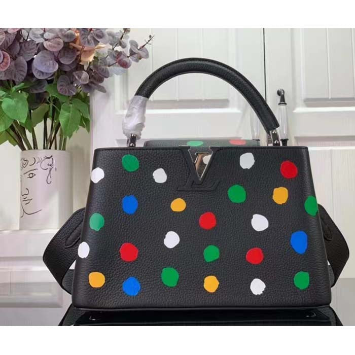 Louis Vuitton Women LV x YK Capucines MM Black Taurillon Bull Calf Leather 3D Painted Dots Print Handbag
