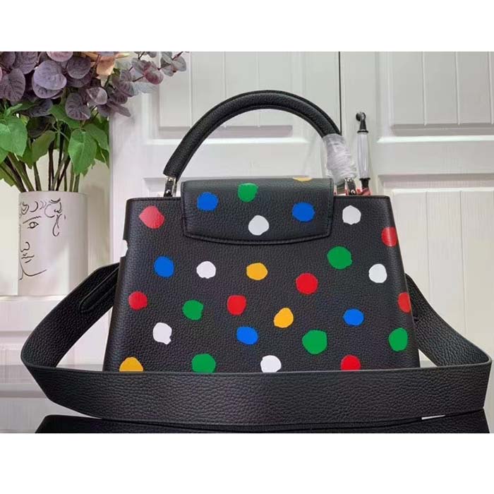 Louis Vuitton Women LV x YK Capucines MM Black Taurillon Bull Calf Leather 3D Painted Dots Print Handbag