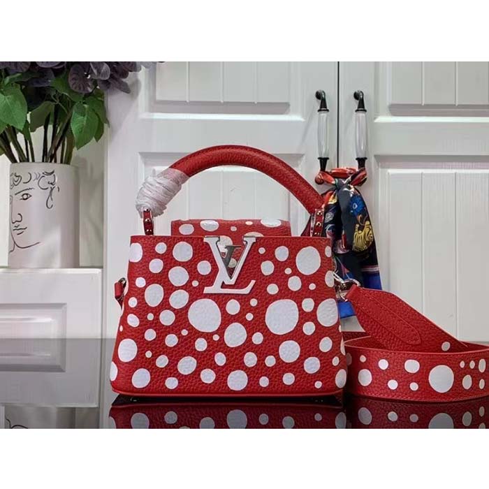 Louis Vuitton Women LV x YK Capucines Mini Red Taurillon Bull Calf Leather Infinity Dots Print Handbag