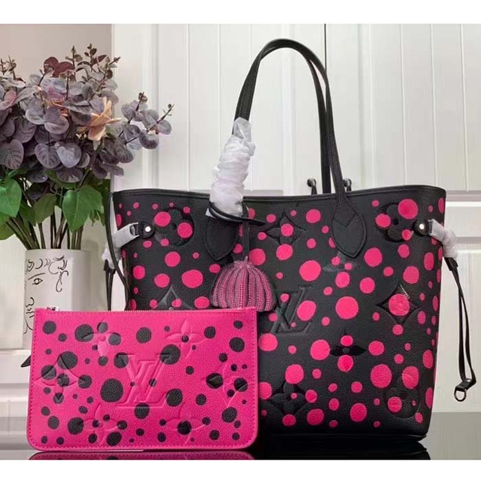Louis Vuitton Women LV x YK Neverfull MM Black Fuchsia Embossed Grained Monogram Empreinte Cowhide Tote