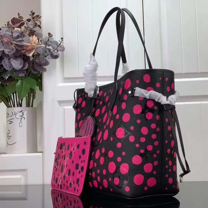 Louis Vuitton Women LV x YK Neverfull MM Black Fuchsia Embossed Grained Monogram Empreinte Cowhide Tote