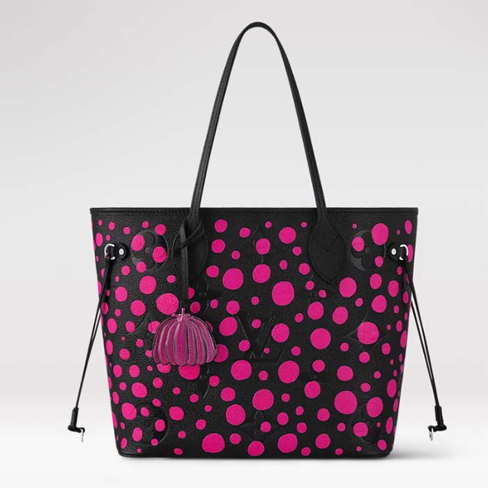 Louis Vuitton Women LV x YK Neverfull MM Black Fuchsia Embossed Grained Monogram Empreinte Cowhide Tote