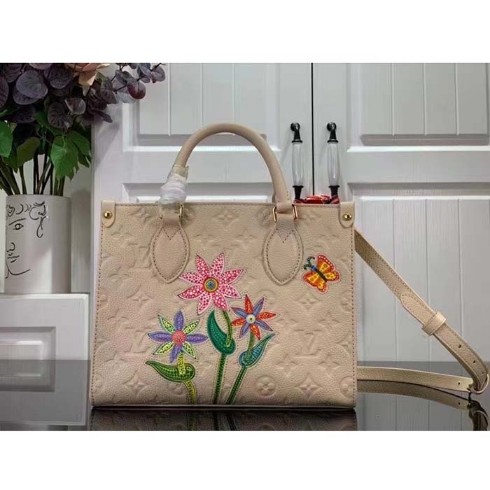 Louis Vuitton Women LV x YK OnTheGo Mini White Embossed Grained Monogram Cowhide Leather Tote