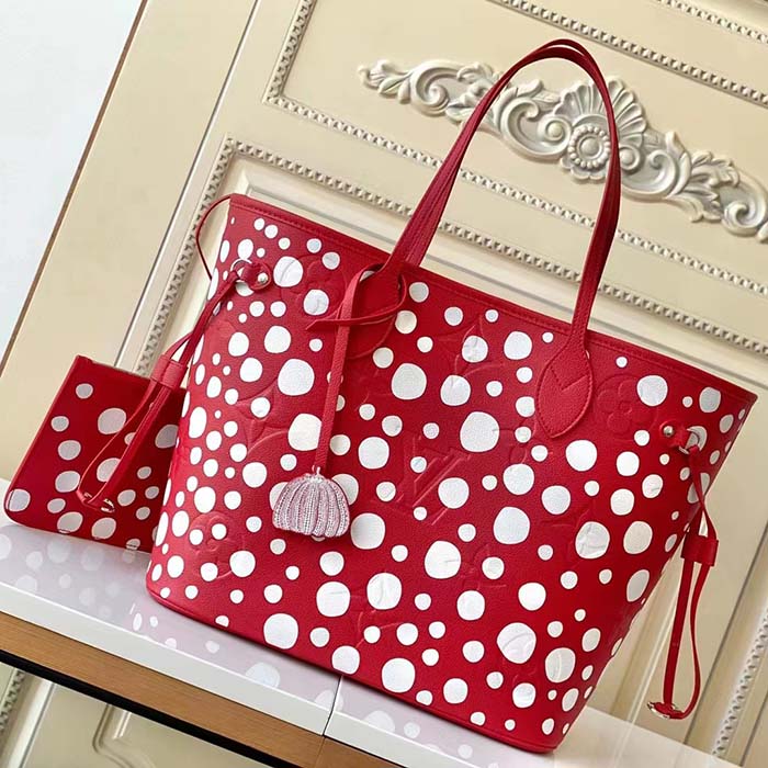 Louis Vuitton Women LVxYK Neverfull MM Tote Red White Embossed Grained Monogram Empreinte Cowhide