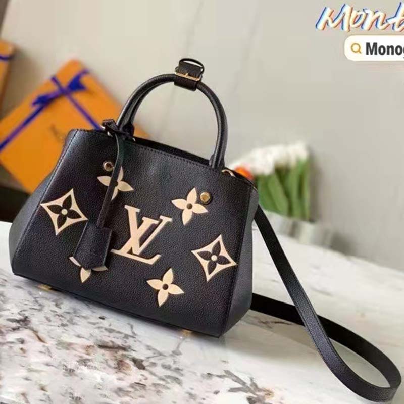 Louis Vuitton Women Montaigne BB Handbag Black Beige Embossed Grained Cowhide Leather