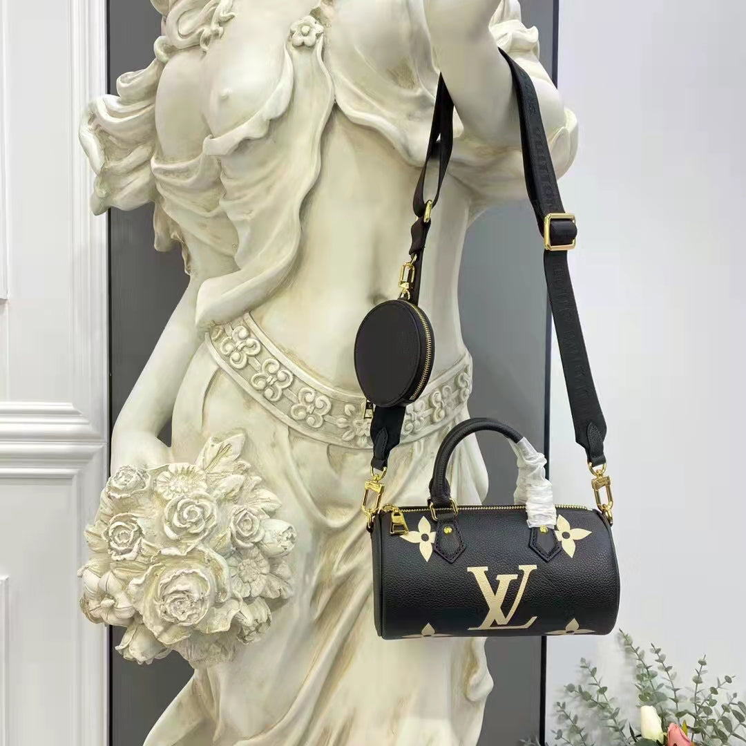 Louis Vuitton Women Papillon BB Black Beige Embossed Supple Grained Cowhide Leather Handbag