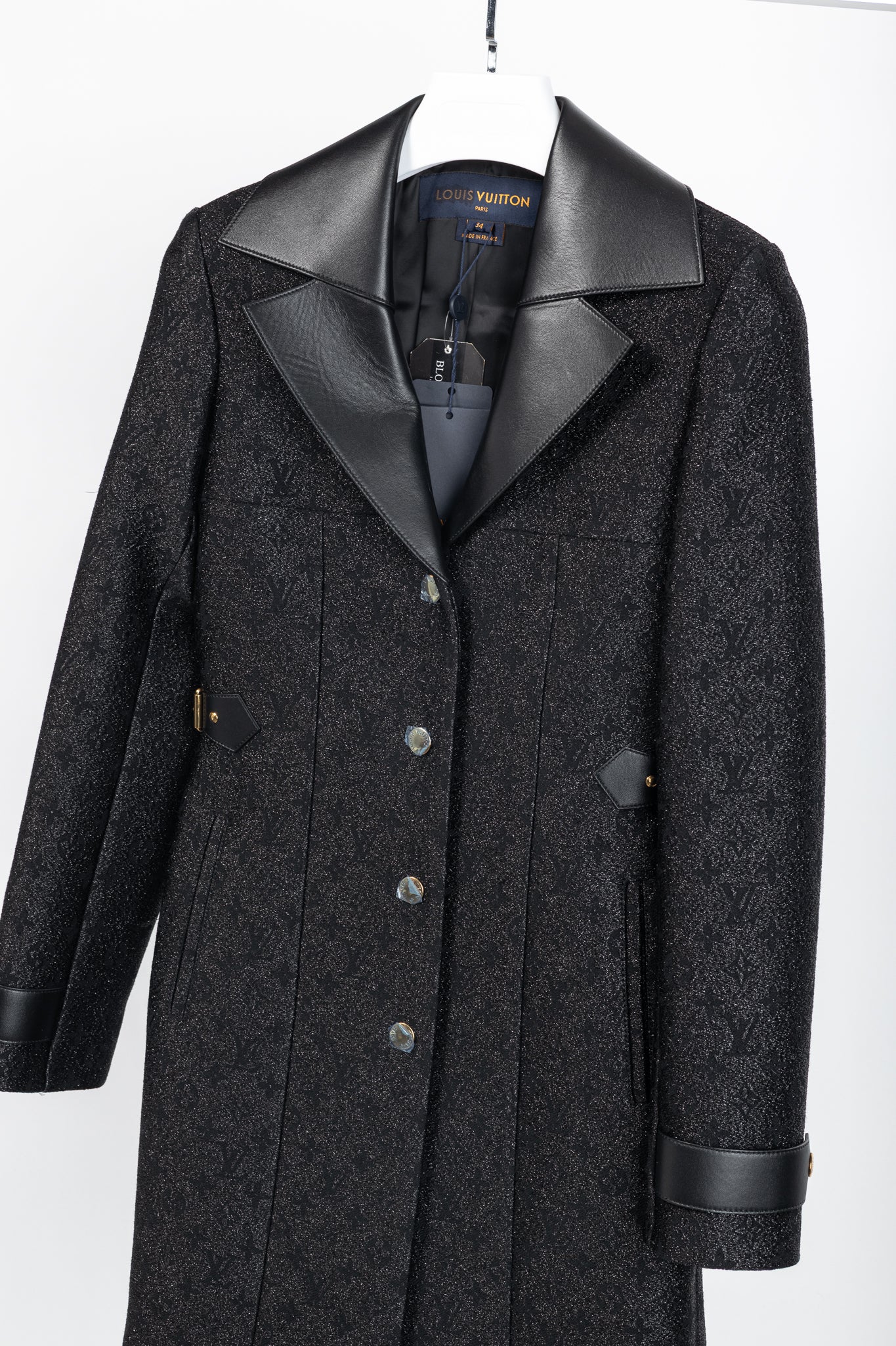 Louis Vuitton Black Monogram Wool Leather Insert A-Line Glitter Coat