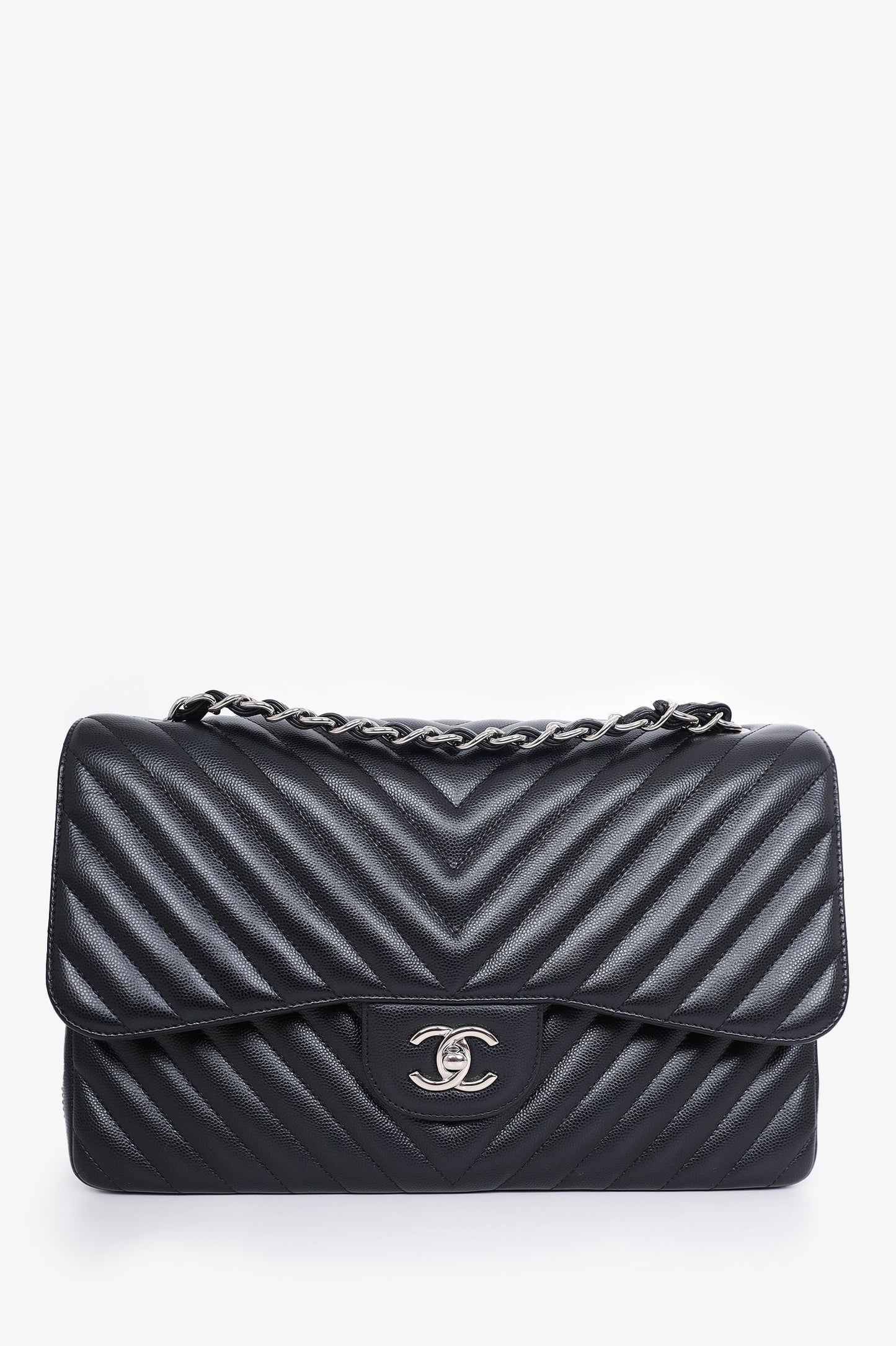 Chanel™ 2016-17 Black Chevron Caviar Leather Jumbo Double Flap Shoulder Bag