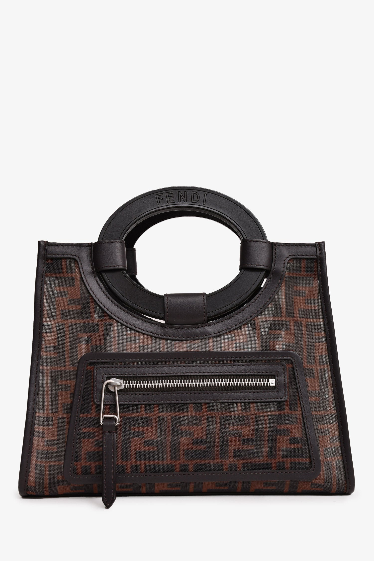 Fendi Brown Mesh Small FF Runaway Shopper Tote with Strap