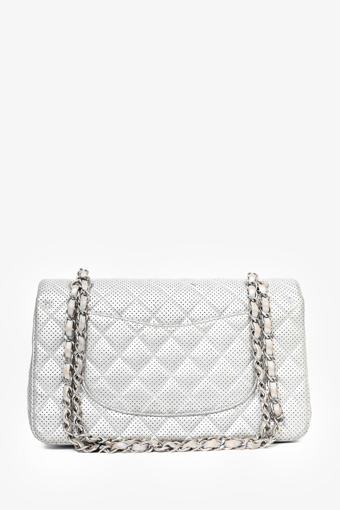 Chanel™ 2014 Silver Perforated Leather Medium Double Flap Shoulder Bag