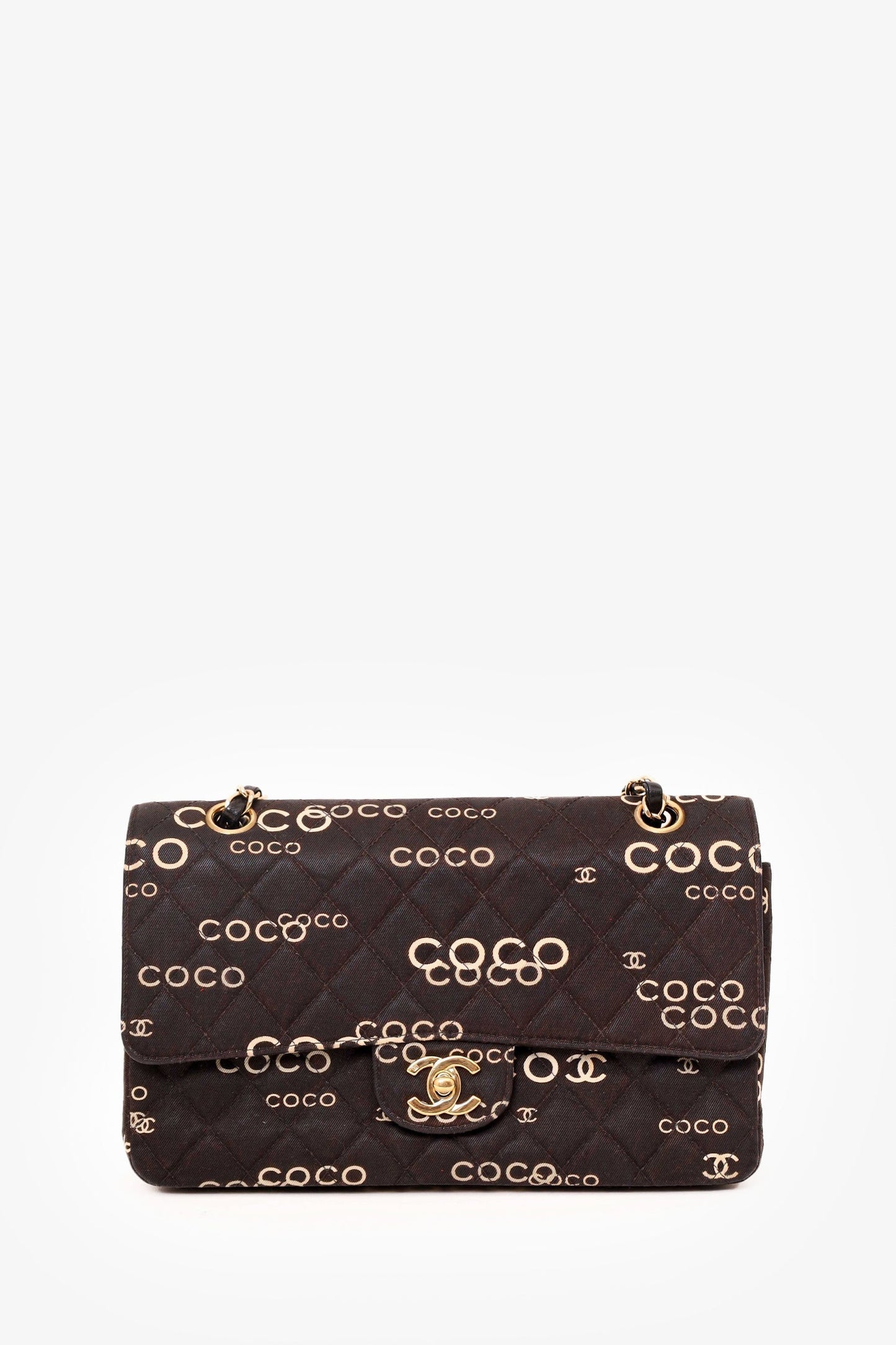 Chanel™ 2002-03 Black/White Quilted Coco Print Medium Double Flap Bag